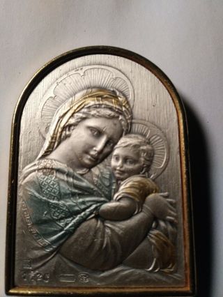 Icon Madonna & Christ Child W/ 925 Silver Stamp.  Sa Italy.  Mini With Easel