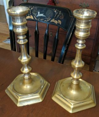Pair Antique Brass 18th Century English Candlesticks