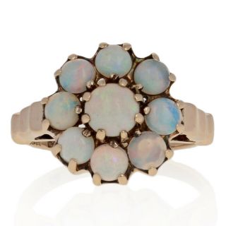 1.  32ctw Round Cabochon Cut Opal Vintage Ring - 10k Yellow Gold Floral Halo