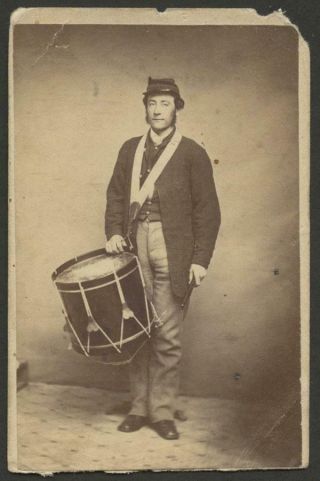 1863 Civil War Cdv Image - Drummer Boy W/ Large Drum & Stick - Detail Rich