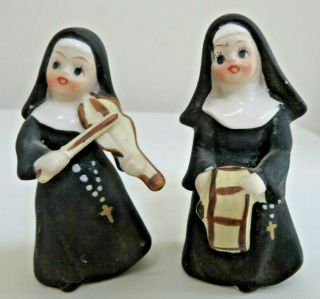 Vintage Catholic Nun Figurines Playing Musical Instruments 3 " Tall Japan