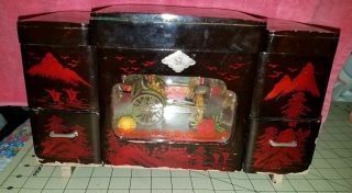 Vintage Japanese Black Lacquer Jewelry Music Box Japanese Rickshaw