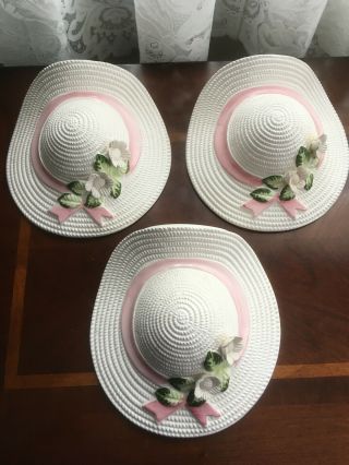 Vintage Ceramic Wall Pocket Vases White Straw Hat With Ribbon & Flowers Set Of 3