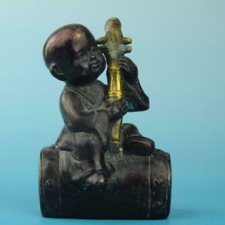 Antique China Hand Made Gilding Copper Boy Pull The Erhu Statue Old Collect D01