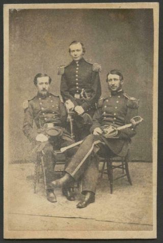 1864 Civil War Cdv - 3 Seated Union Officers - Armed And In Dress Uniforms