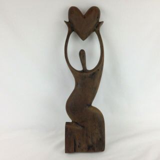 Mid Century Modernist Abstract Wood Carved Sculpture Figure Holding Heart