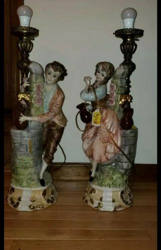 Victorian Style Figural Porcelain And Brass Lamps Made In Italy