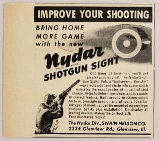 1947 Print Ad Nydar Shotgun Sights Swain Nelson Glenview,  Illinois