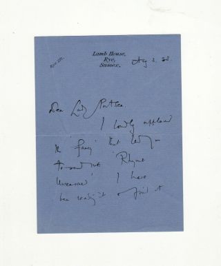 British Writer E.  F.  Benson Signed Letter - Lady Portsea - Richard Seymour Poetry