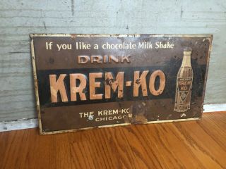 1920’s Krem Ko Chocolate Milk Shake Sign Embossed Vintage Chicago Soda Gas Oil