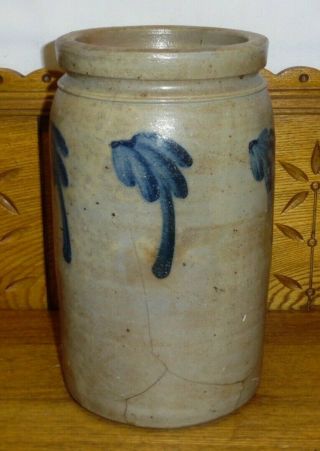 Cracked Antique Blue Decorated Stoneware Crock - 10 5/8 "