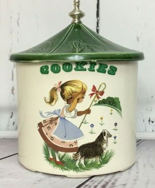 Vintage Crockery Cookie Biscuit Jar Little Bo Peep Green White Painted Canister