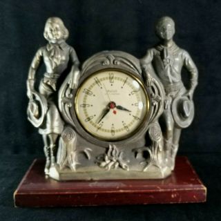 Vintage 1950s Spelter Cowboy And Cowgirl On Wood Base Nonworking Clock 9x9 Inch