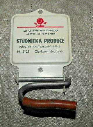 Vintage Tin Metal Broom Holder Studnicka Produce Clarkson Nebraska Sargent Feeds