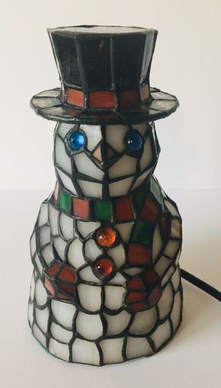 Vintage Tiffany Style Snowman Stained Glass 9” Accent Lamp Lead Glass