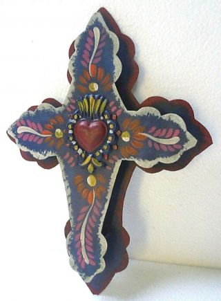 11 " Mexican Folk Art Punched Tin Painted Wall Cross Flame Heart Blue