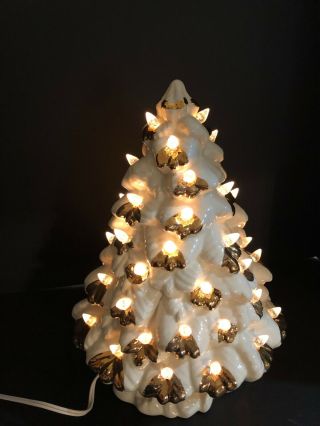 Vintage 13” White Ceramic Christmas Tree Light Up Base Gold Tips Clear Bulbs