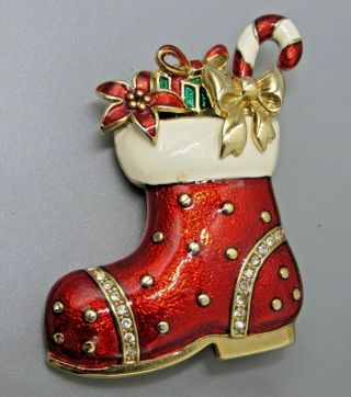 Vintage Jewelry Signed Monet Christmas Poinsettia Boot Brooch Pin Rhinestone O