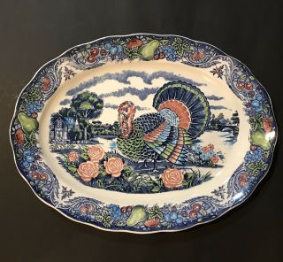 Vintage Blue & White Large Turkey Platter 19”x 14”