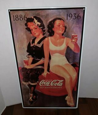 Vintage Coca Cola Sign Tin Metal Soda Pop Bottle Advertising 50th Anniversary