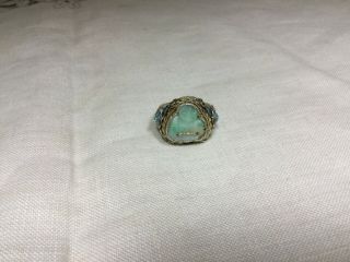 Antique Vtg Chinese Silver/ Gold Gilt Jade Buddha Enamel Filigree Ring 1900 
