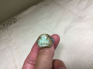 Antique Vtg Chinese Silver/ Gold Gilt Jade Buddha Enamel Filigree Ring 1900 ' s 3
