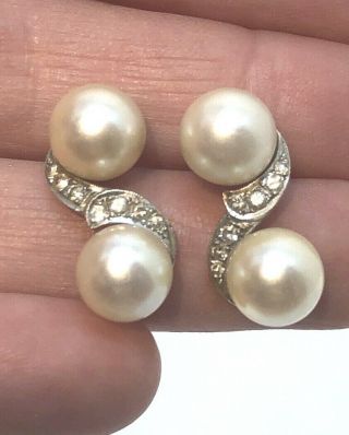 14k White Gold Pearl And Diamond Vintage Earrings