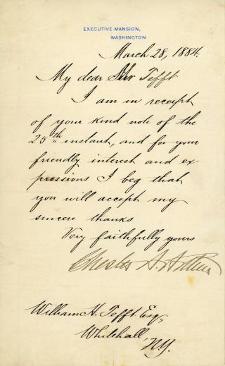 Chester Arthur Signed Letter As President.