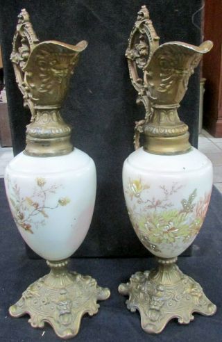 Pair Antique Hand Painted Porcelain Gilt Metal Gargoyle Face Ewer Urns