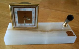 Vintage Mid Century Florn Desk Clock West Germany Pen Caddy Holder Onyx