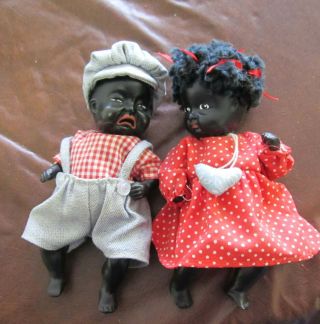 Vintage Pr African American Black Baby Dolls Bisque Bent Leg 5 1/2 "
