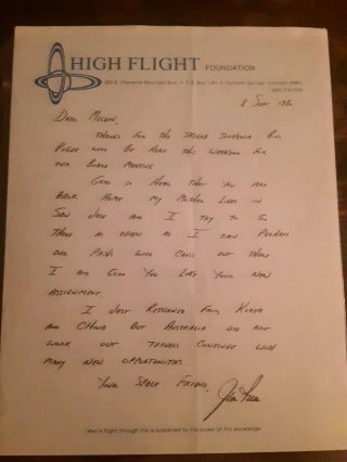 Jim Irwin Handwritten Signed Highflight Letter Nasa Astronaut Apollo 15 1980
