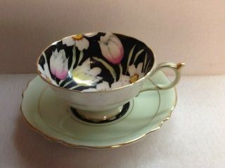 Paragon Tulip,  Daffodil Floral Black Over Cup And Saucer