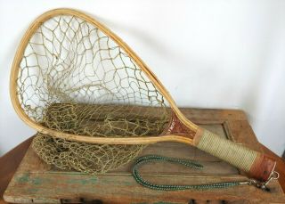 Vtg Trout Net Antique Fly Fishing Wooden Wood Strap Wrapped Handle Cabin Fish