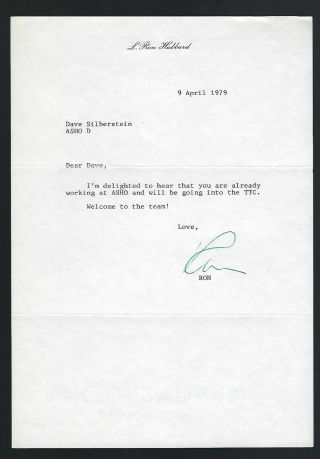 L.  Ron Hubbard Signed Letter Dated October 1979 Church Of Scientology