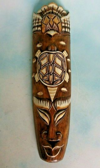 :large Indonesia Tribal Wood Carved Mask With Turtle And Bird Carvings 20 " High
