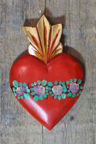 Love Token Sacred Heart Hand Carved & Painted Wood Michoacán Mexican Folk Art