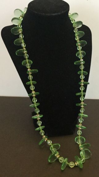 Rare Vintage Miriam Haskell Green Glass And Rhinestone Necklace - 29”