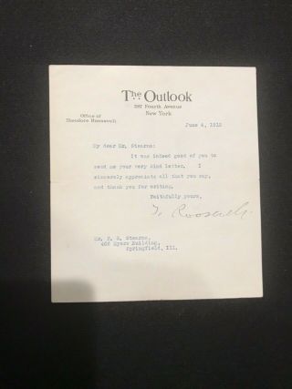 President Theodore Teddy Roosevelt Autograph Signed Letter From Personal Office