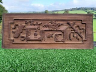 19thc Chinese Wood Carved Panel With Lion Dog Sword & Scroll In Relief
