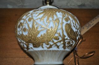 Vintage Oriental Table Lamp - Milk Glass & Gilded Parrots - Brass Accents 2