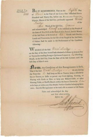 Richard Varick Signed By Nyc Mayor & Revolutionary War General,  March 8,  1796