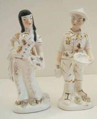 Vtg L & M Lipper & Mann Asian Japanese Boy & Girl W/ Spaghetti Detail Figurines
