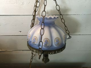 Vintage Hanging Gone With The Wind Swag Hurricane Lamp Blue Glass Floral Design.