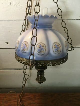 Vintage Hanging Gone With The Wind Swag Hurricane Lamp Blue Glass Floral Design. 3