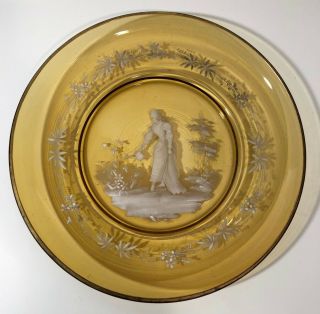 19th C Antique Mary Gregory Amber Yellow Plate Hand Painted Woman In Garden 10 "