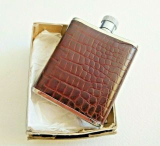 2 - 1/2 Oz Hip Flask Still With Brown " Croc Calf " Leather English Steel 60s