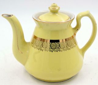 Vintage Hall China 6 Cup Teapot Yellow With Gold Design