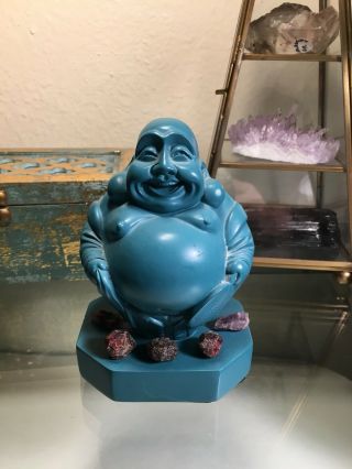 5 Inch Blue Happy Buddha Statue With Amethyst And Garnet Crystals