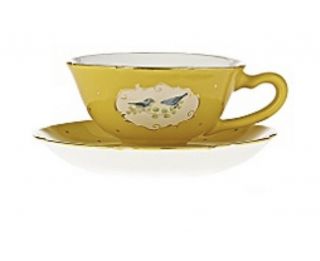 Anthropologie Yellow Bluebird Teacups And Saucers Set Of 2